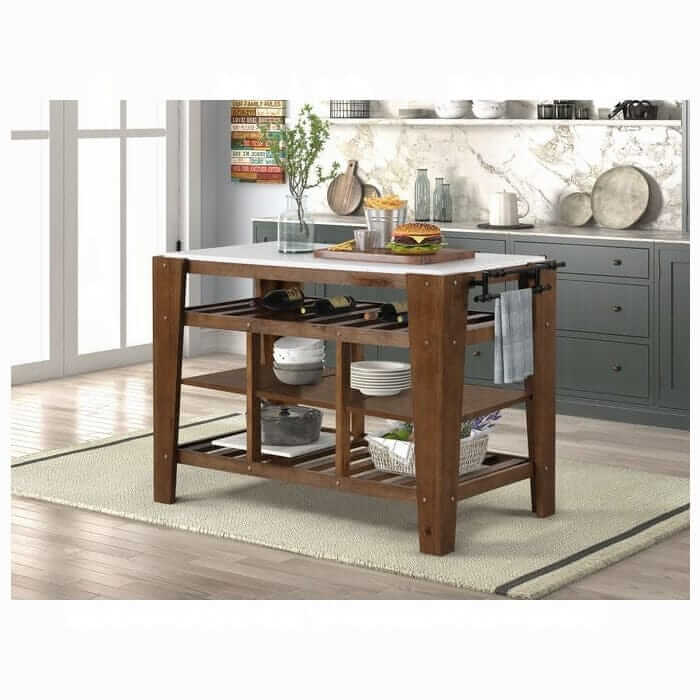 ACME Alaroa Marble Top & Rustic Brown Kitchen Island AC00396