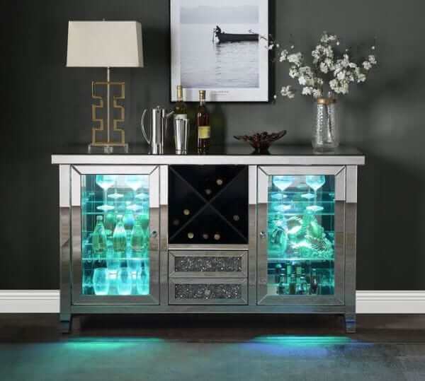 ACME Furniture Mirrored & Faux Diamonds Wine Cabinet w/LED AC00525