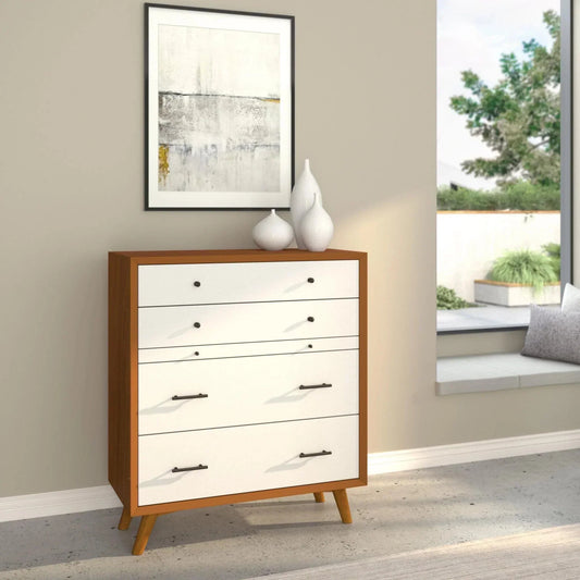 Experience Timeless Appeal with the Alpine Furniture Acorn/White Flynn 4 Drawer Multifunction Chest w/ PO Tray 999-05