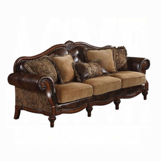 ACME Dreena Two Tone Faux Leather Cherry Finish Sofa w/5 Pillows 05495