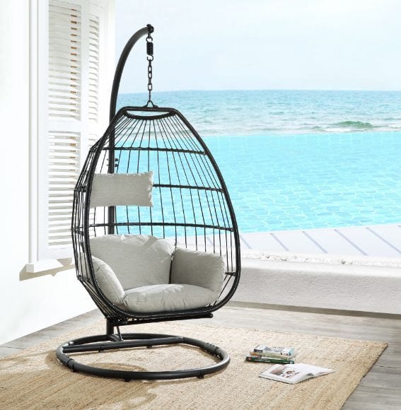 ACME Oldi Beige & Black Wicker Patio Hanging Chair with Stand 45115