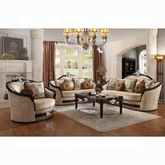 ACME Ernestine Tan Fabric & Black Loveseat w/6 Pillows 52111