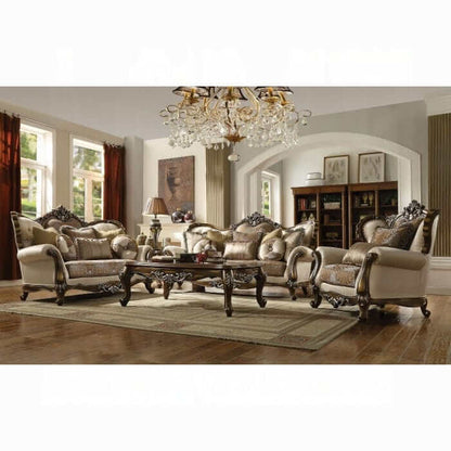 ACME Latisha Tan Pattern Fabric & Antique Oak Sofa w/8 Pillows 52115