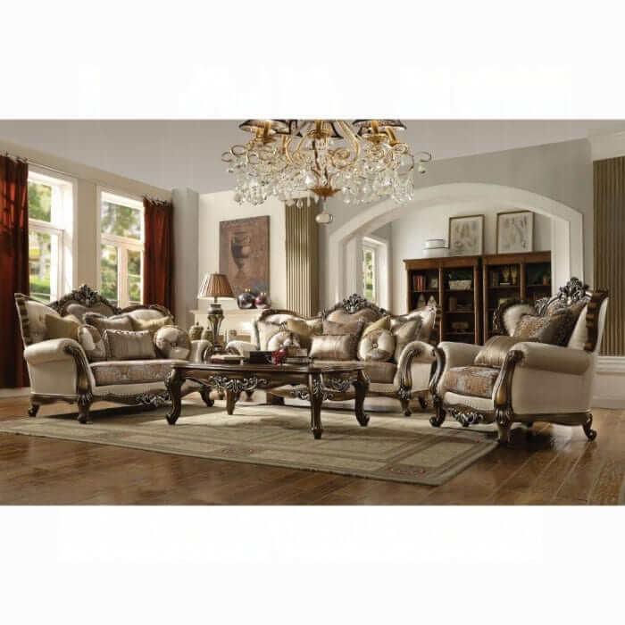 ACME Latisha Pattern Tan Fabric & Antique Oak Loveseat w/5 Pillows 52116