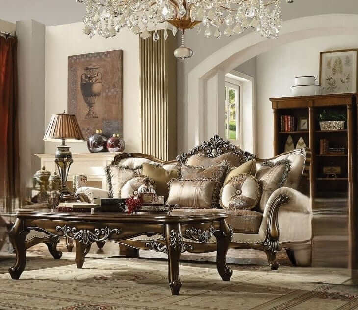 ACME Latisha Tan Pattern Fabric & Antique Oak Sofa w/8 Pillows 52115