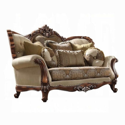 ACME Latisha Pattern Tan Fabric & Antique Oak Loveseat w/5 Pillows 52116