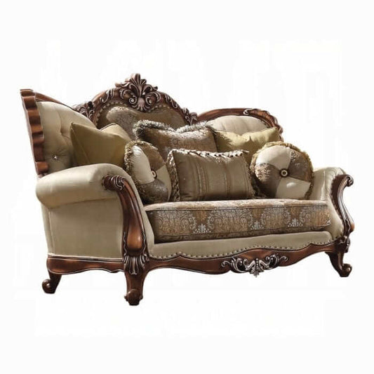ACME Latisha Pattern Tan Fabric & Antique Oak Loveseat w/5 Pillows 52116