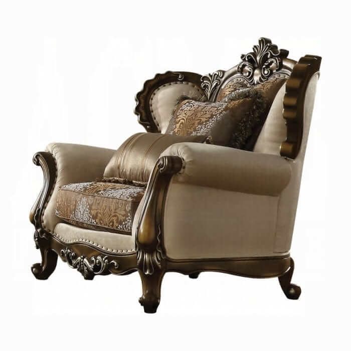 ACME Latisha Pattern Tan Fabric & Antique Oak Chair w/2 Pillow 52117
