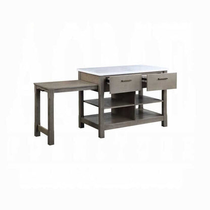 ACME Feivel Marble Top & Gray Kitchen Island w/Pull Out Table DN00307