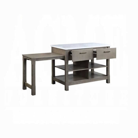 ACME Feivel Marble Top & Gray Kitchen Island w/Pull Out Table DN00307