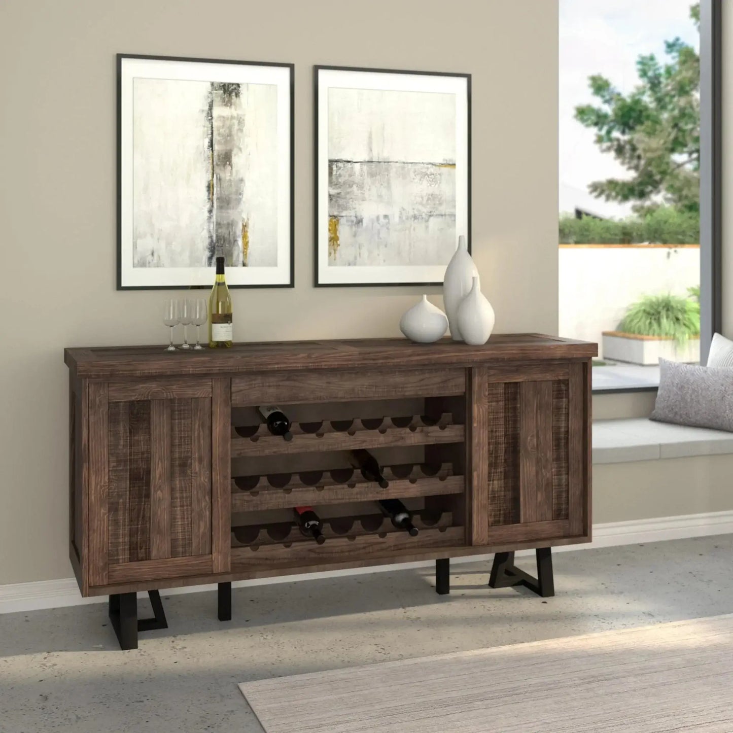 Beautiful Alpine Furniture Natural/Black Prairie Sideboard with Wine Holder. Built to last