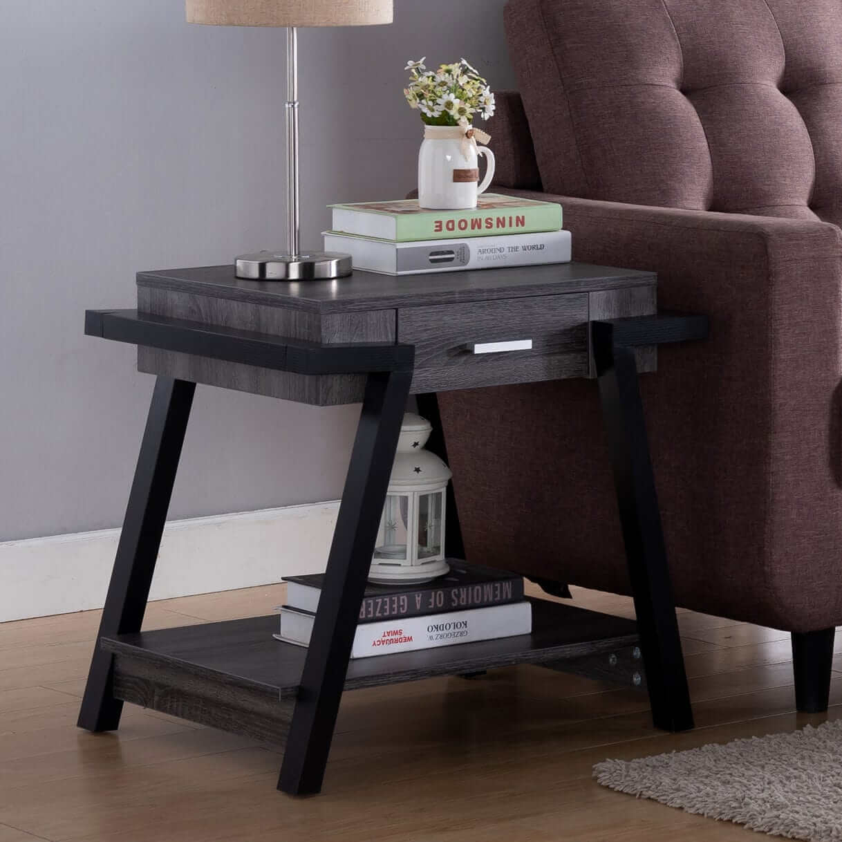 ID International Distressed Grey & Black End Table 182339ET