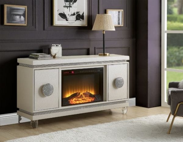 ACME Noralie Ivory & Faux Diamonds TV Stand w/ Fireplace 90535