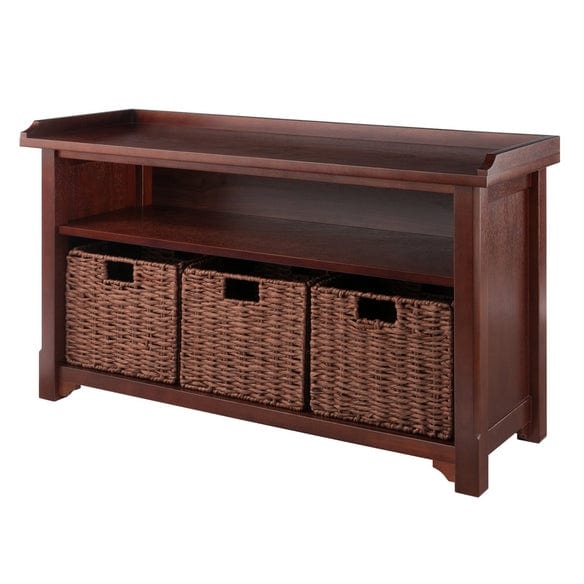 Winsome Wood Milan Walnut 4-Pc Storage Bench w/ 3 Foldable Husk Baskets 94481