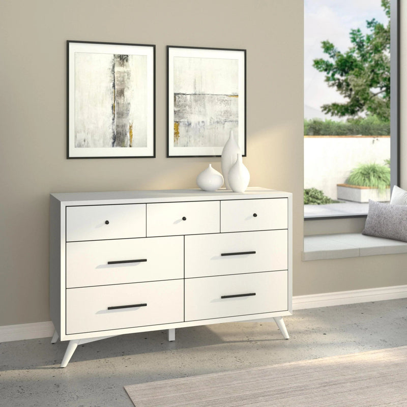 Alpine Furniture White Flynn Mid Century Modern 7 Drawer Dresser 966-W-03