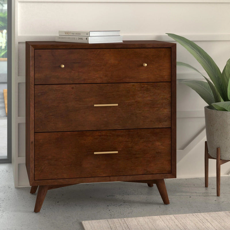 Alpine Furniture Walnut Flynn Mid Century Modern 3 Drawer Small Chest 966WAL-04